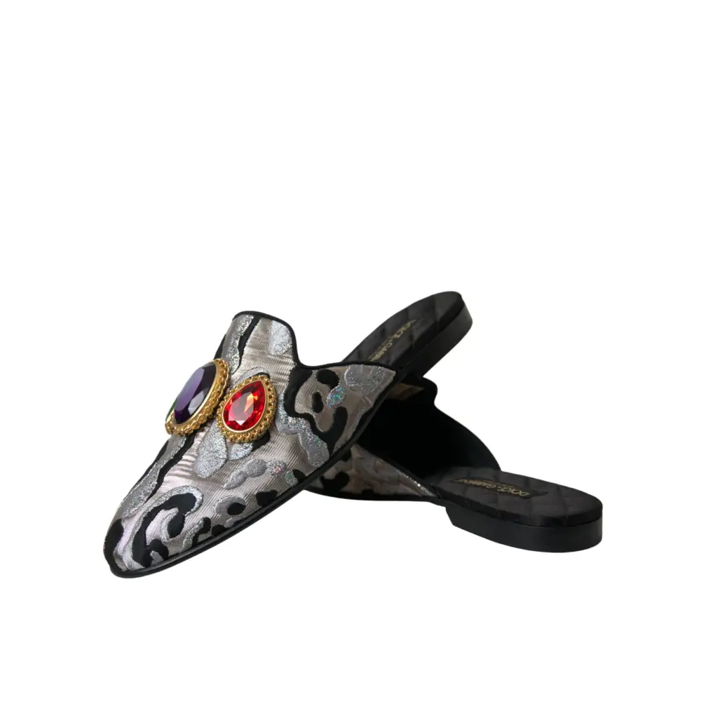 Dolce & Gabbana Graue Jacquard Kristall Pantolette Flache Sandalen Schuhe - EU40/US9.5