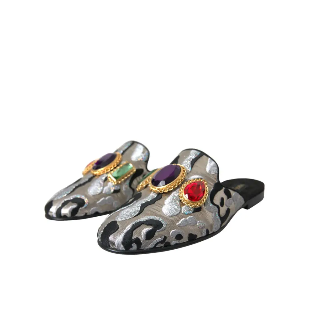 Dolce & Gabbana Graue Jacquard Kristall Pantolette Flache Sandalen Schuhe - EU40/US9.5