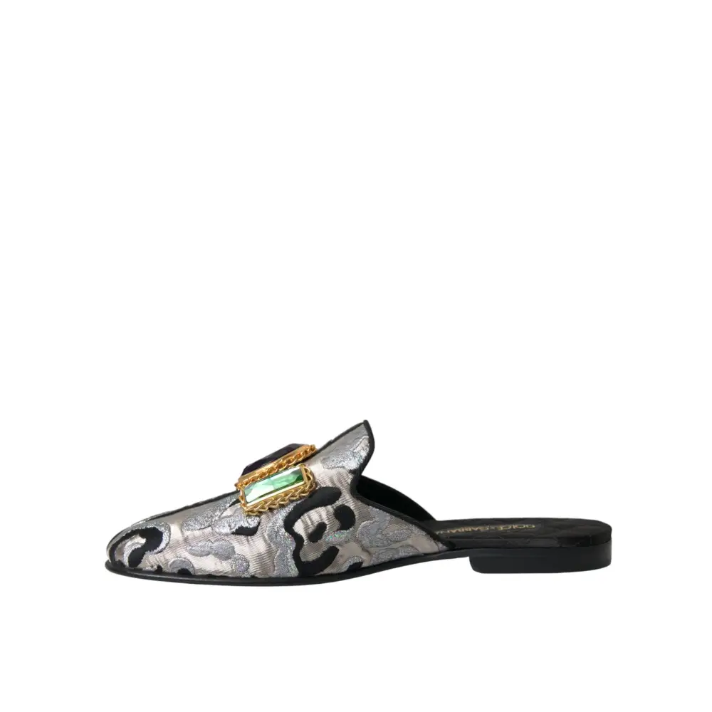 Dolce & Gabbana Graue Jacquard Kristall Pantolette Flache Sandalen Schuhe - EU40/US9.5