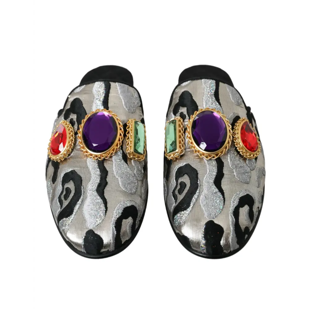 Dolce & Gabbana Graue Jacquard Kristall Pantolette Flache Sandalen Schuhe - EU40/US9.5