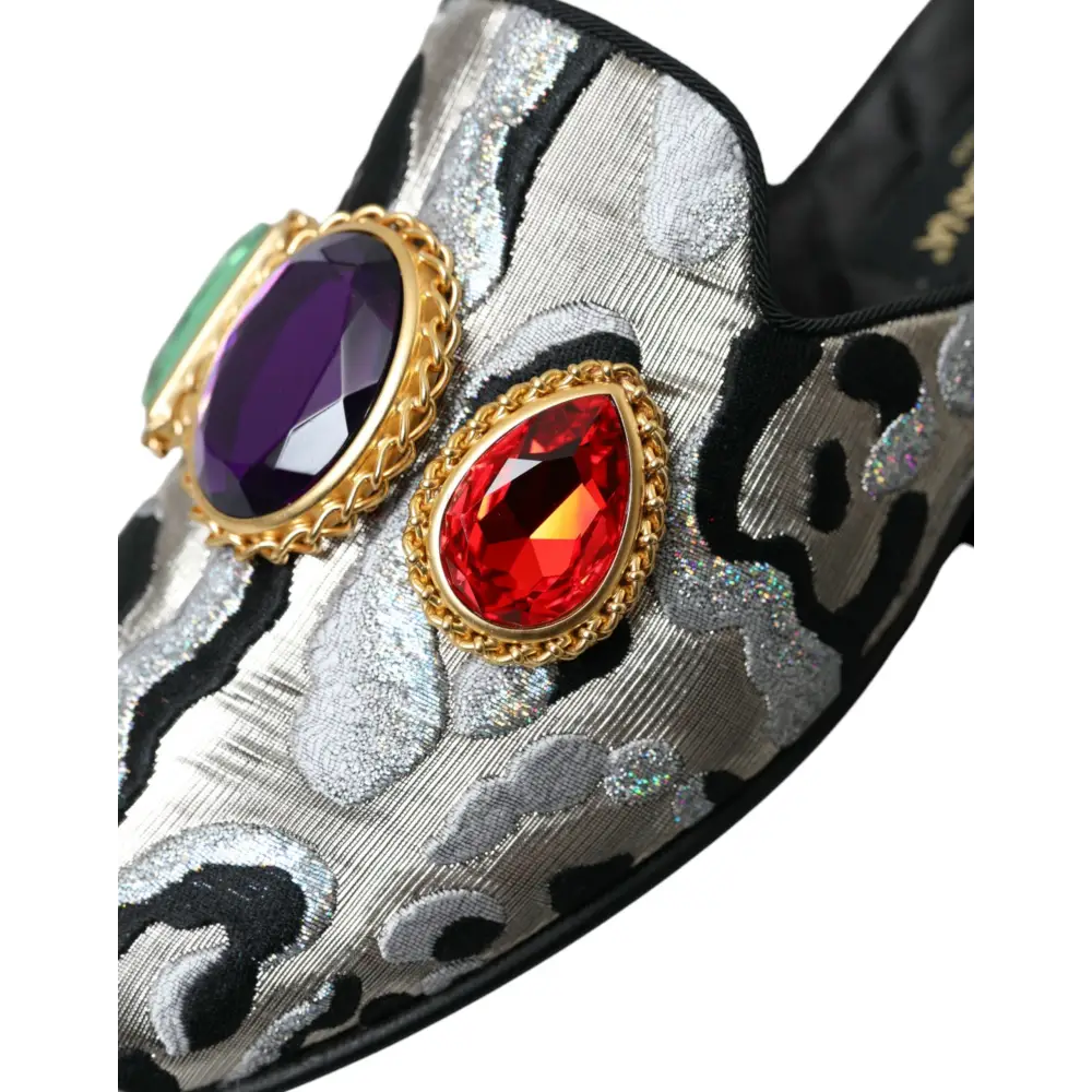 Dolce & Gabbana Graue Jacquard Kristall Pantolette Flache Sandalen Schuhe - EU40/US9.5