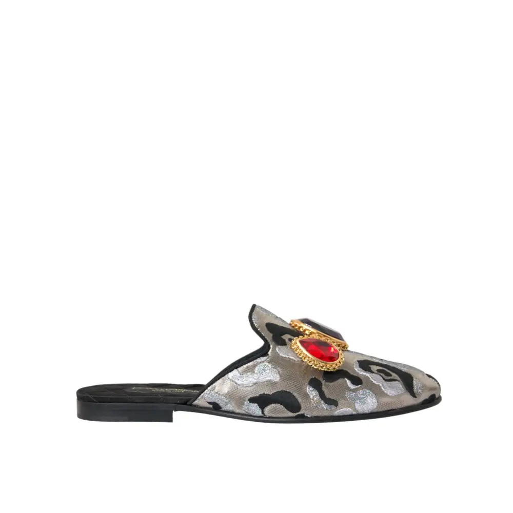 Dolce & Gabbana Graue Jacquard Kristall Pantolette Flache Sandalen Schuhe - EU40/US9.5