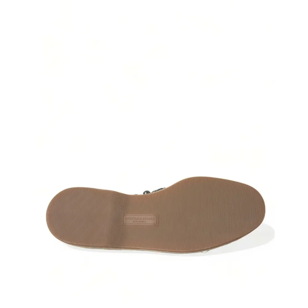 Dolce & Gabbana Graue Leinen Leder Nieten Loafers Schuhe - EU40/US7