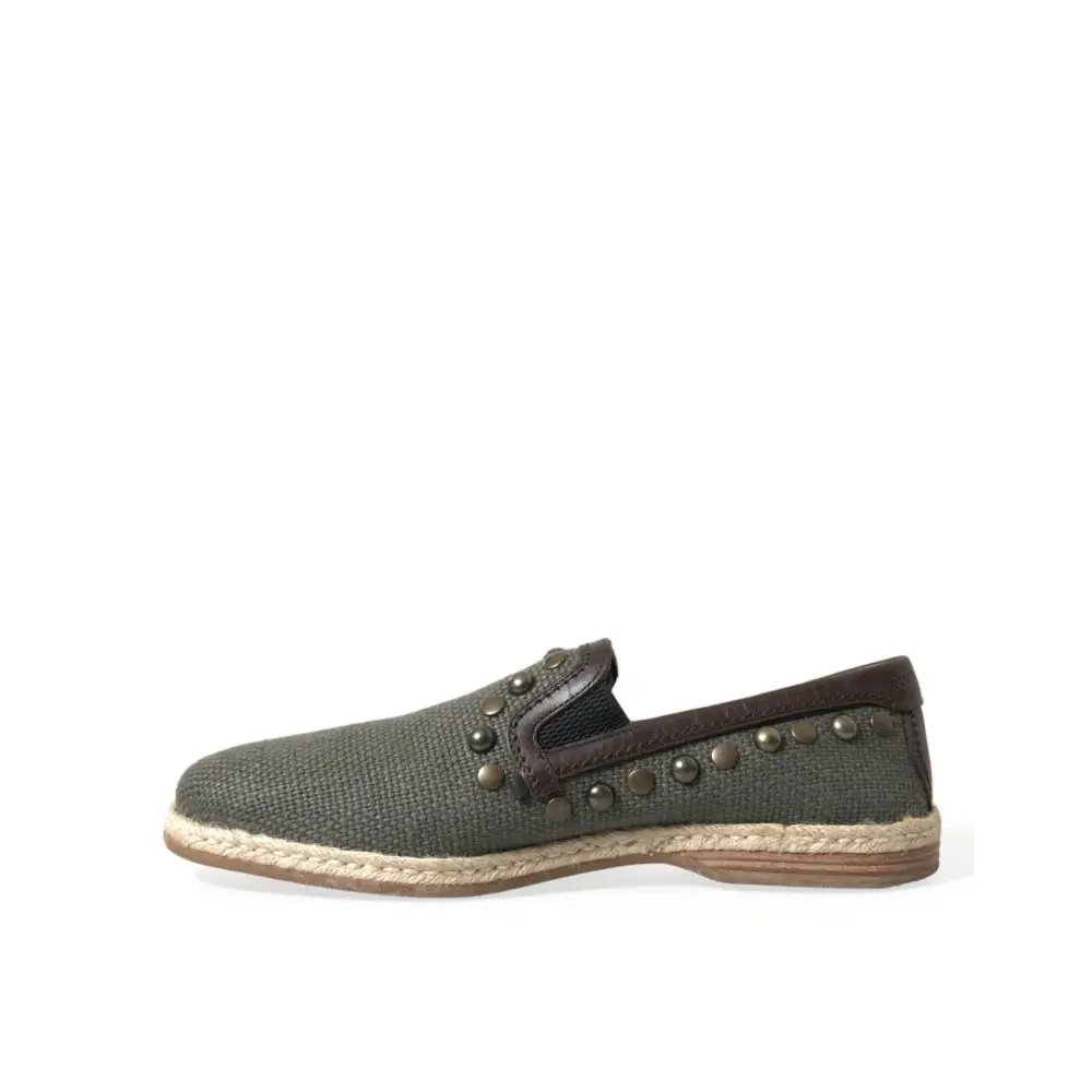 Dolce & Gabbana Graue Leinen Leder Nieten Loafers Schuhe - EU40/US7