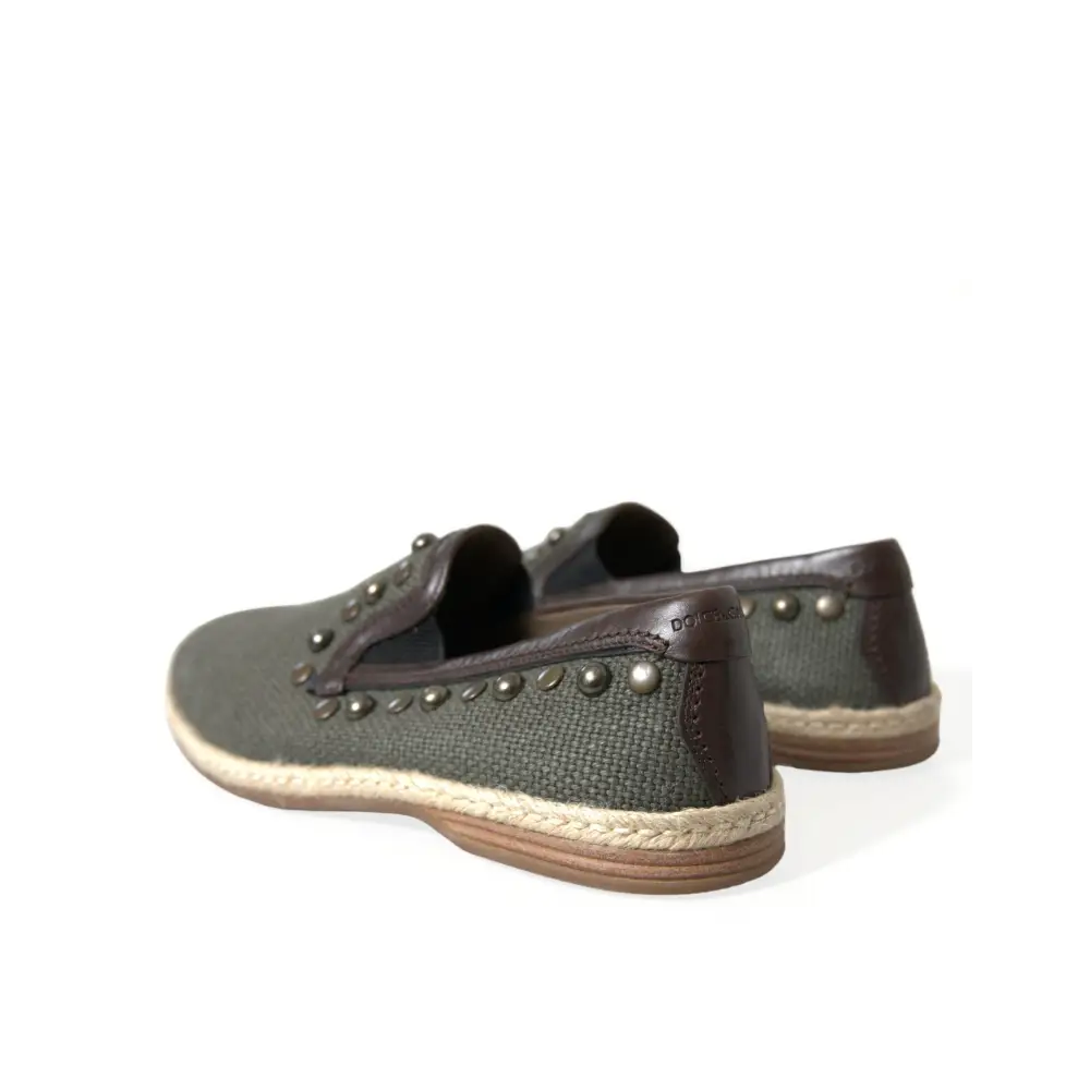 Dolce & Gabbana Graue Leinen Leder Nieten Loafers Schuhe - EU40/US7