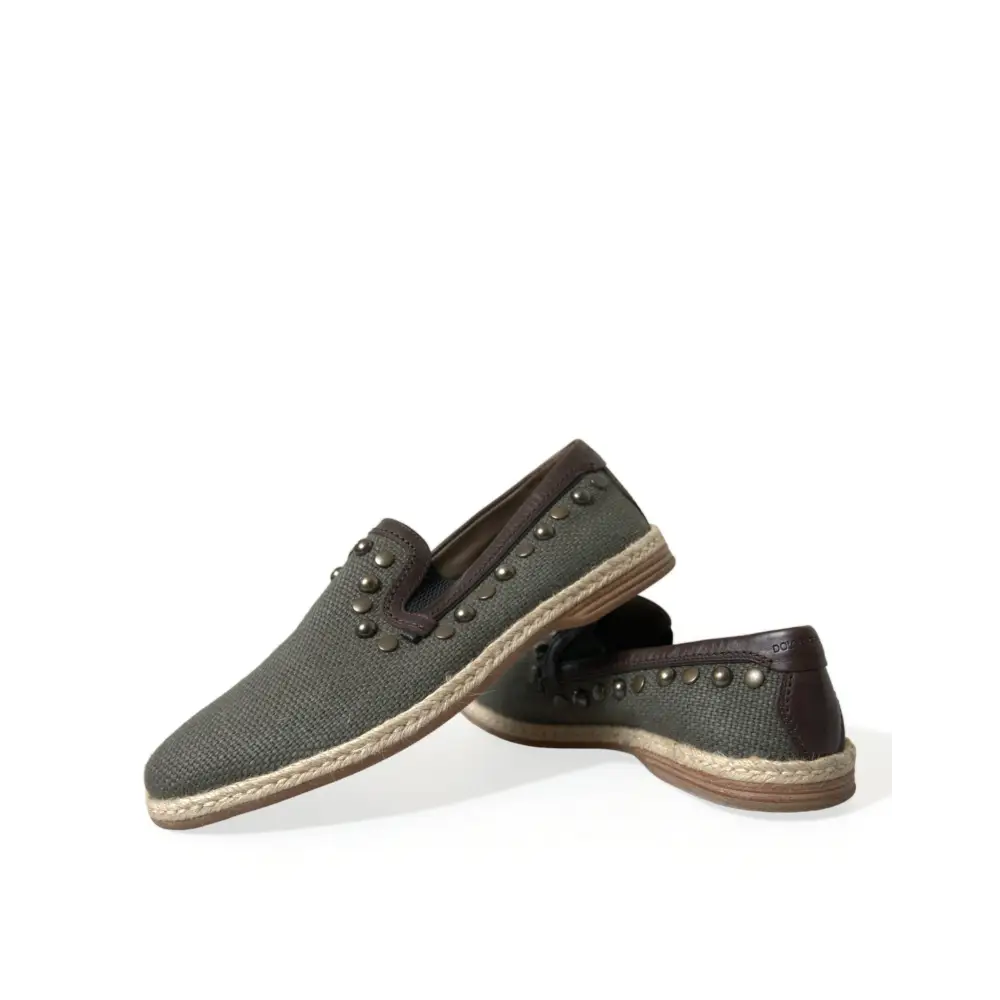 Dolce & Gabbana Graue Leinen Leder Nieten Loafers Schuhe - EU40/US7