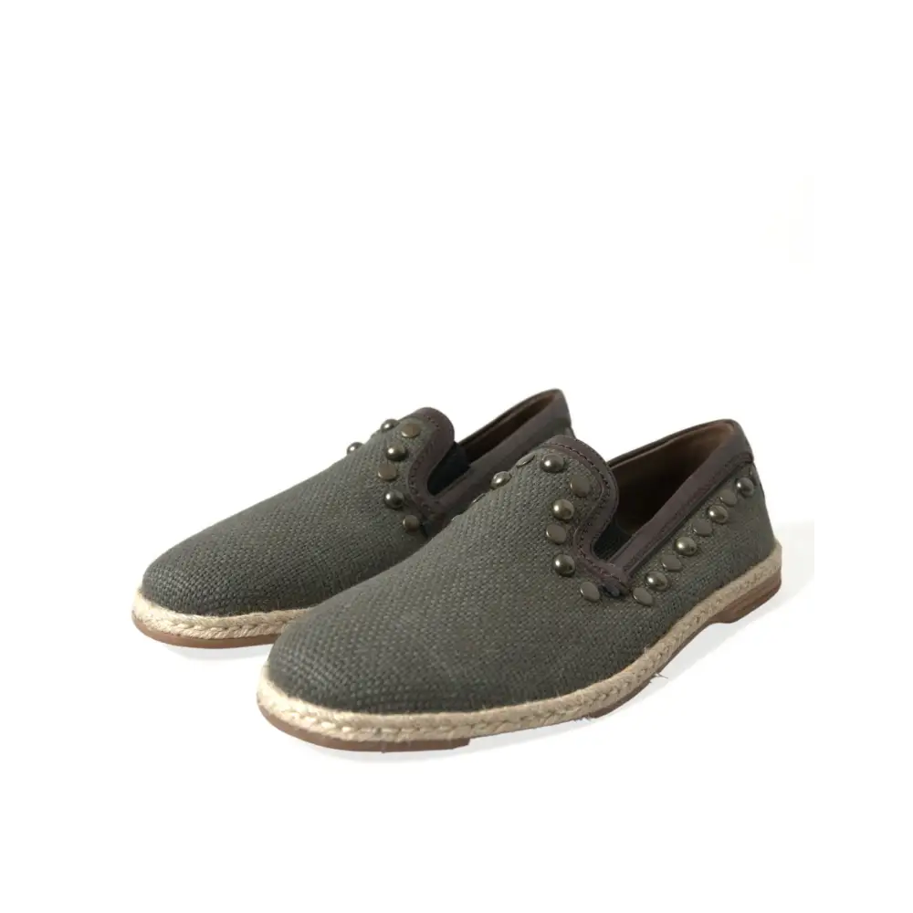 Dolce & Gabbana Graue Leinen Leder Nieten Loafers Schuhe - EU40/US7