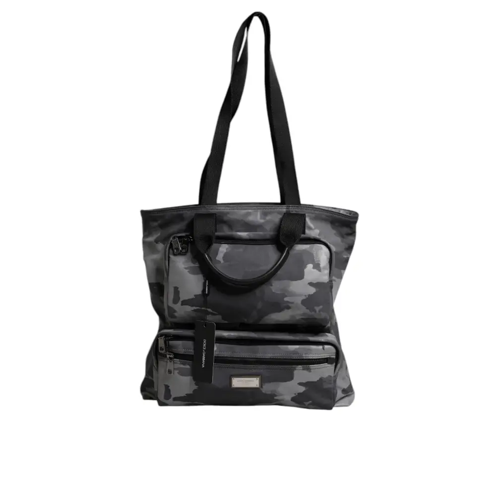Dolce & Gabbana Graue Tarnfarben-Baumwolltasche mit mehreren Fächern Tote Bag