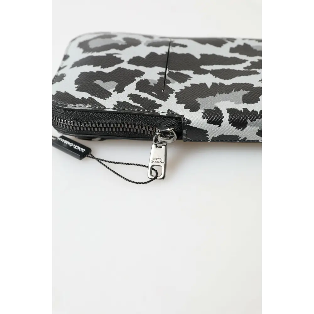 Dolce & Gabbana Grauer Leopard Leder Männer Geldbörse Crossbody Sling Telefon Tasche