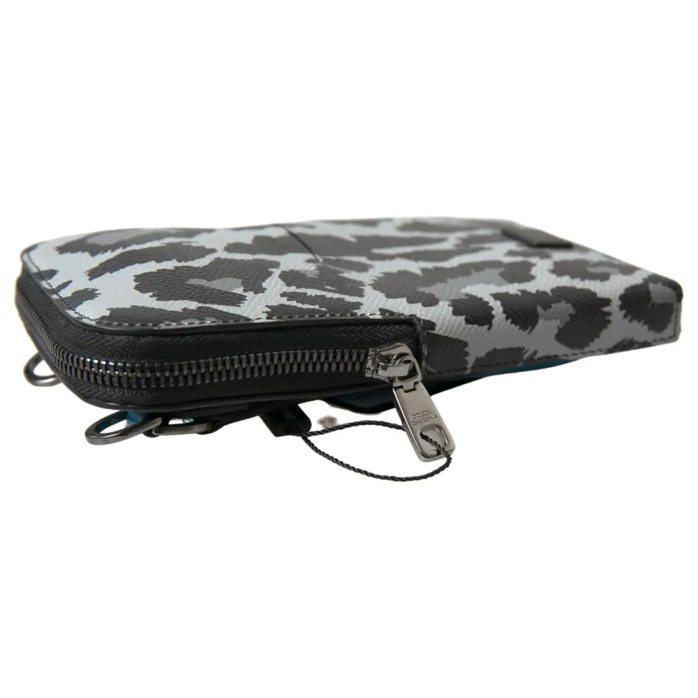 Dolce & Gabbana Grauer Leopard Leder Männer Geldbörse Crossbody Sling Telefon Tasche