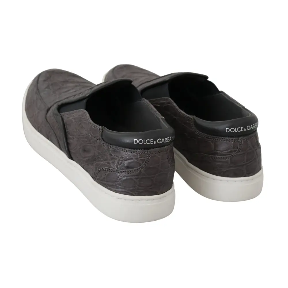 Dolce & Gabbana Graues Leder Flache Kaiman Herren Loafers Schuhe