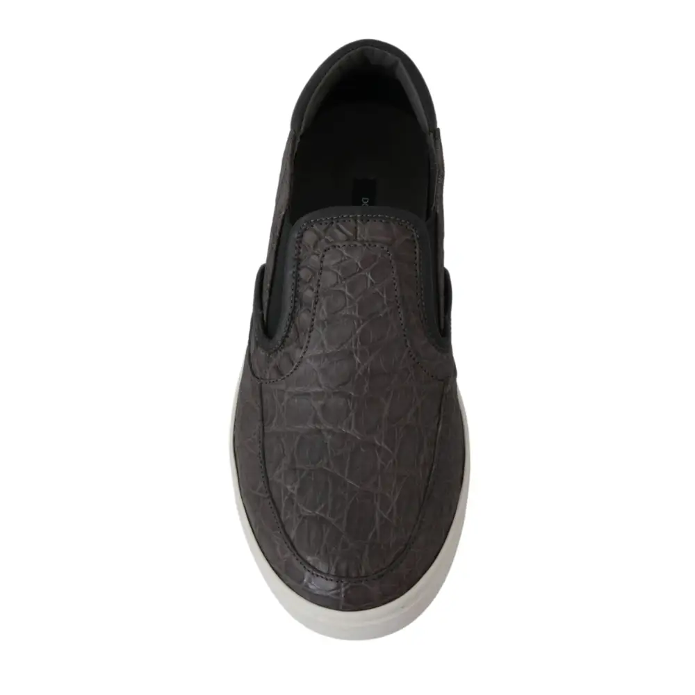 Dolce & Gabbana Graues Leder Flache Kaiman Herren Loafers Schuhe