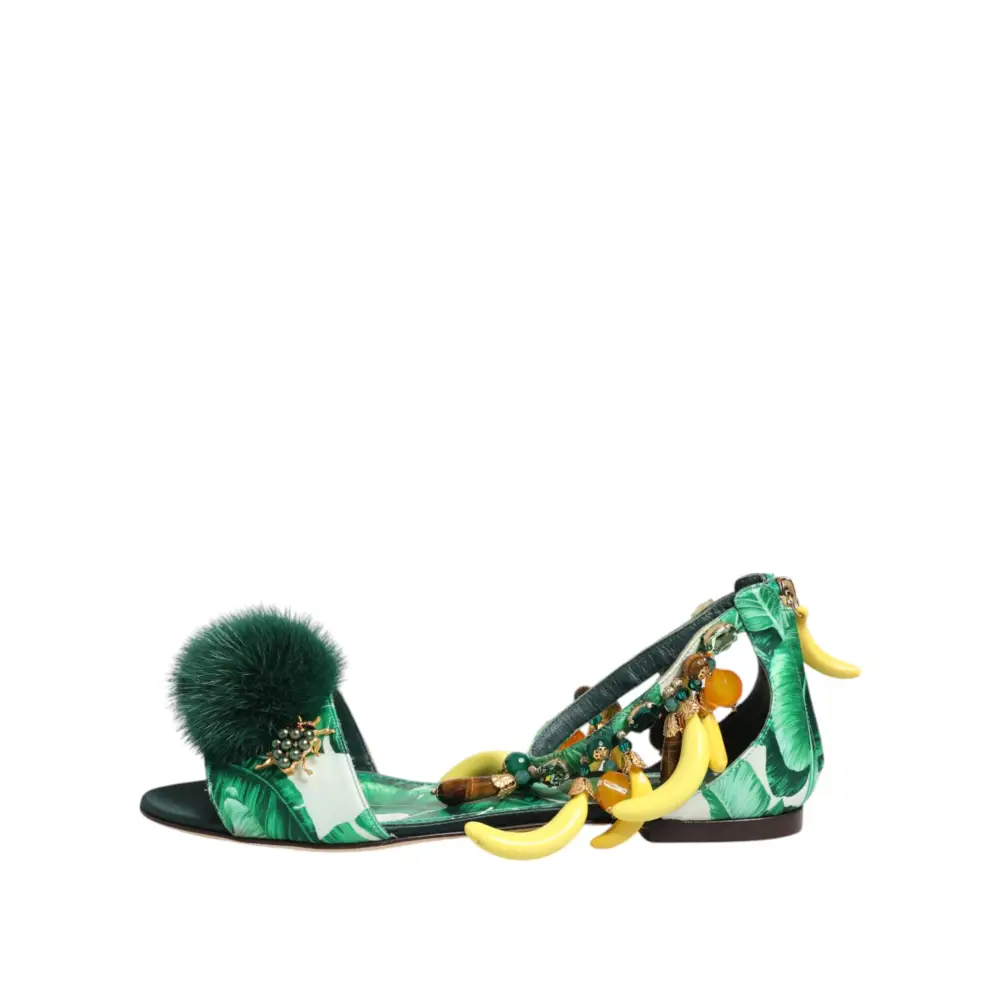 Dolce & Gabbana Grün Nerz Pelz Satin Bananenblatt Sandalen Schuhe