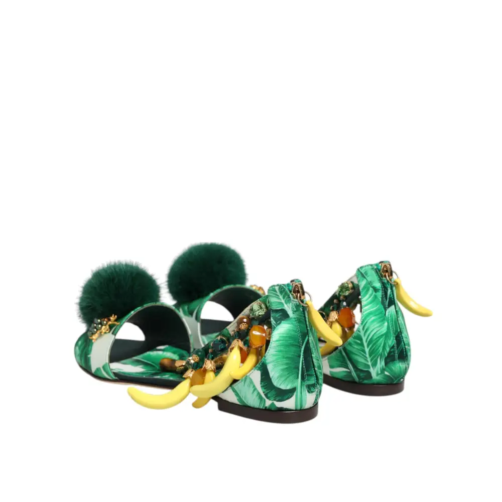 Dolce & Gabbana Grün Nerz Pelz Satin Bananenblatt Sandalen Schuhe