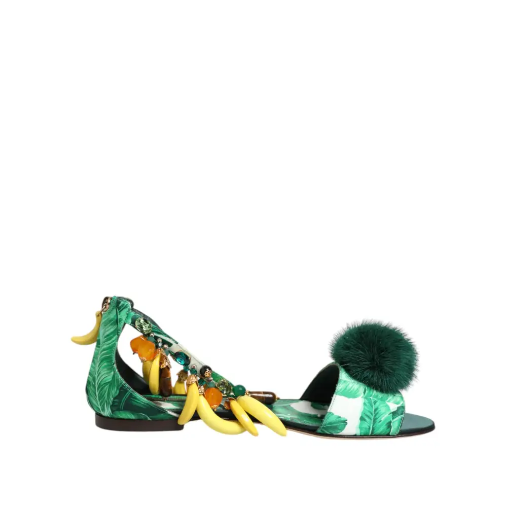 Dolce & Gabbana Grün Nerz Pelz Satin Bananenblatt Sandalen Schuhe