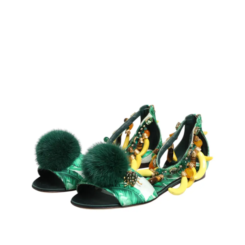Dolce & Gabbana Grün Nerz Pelz Satin Bananenblatt Sandalen Schuhe