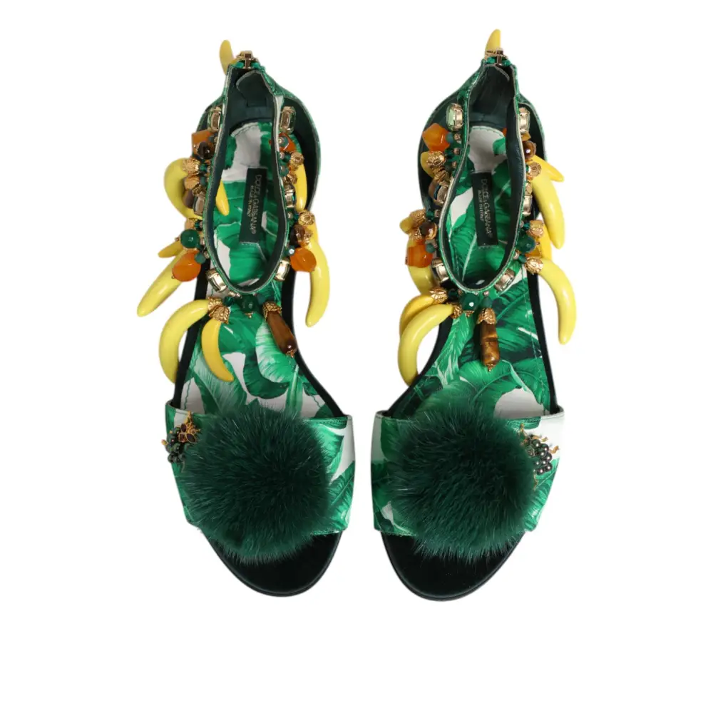 Dolce & Gabbana Grün Nerz Pelz Satin Bananenblatt Sandalen Schuhe