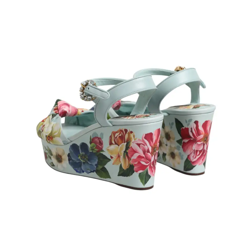 Dolce & Gabbana Grüne Blumen-Sandalen mit Knöchelriemen und Keilabsatz
