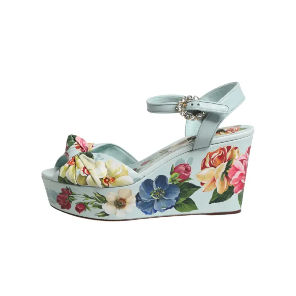 Dolce & Gabbana Grüne Blumen-Sandalen mit Knöchelriemen und Keilabsatz