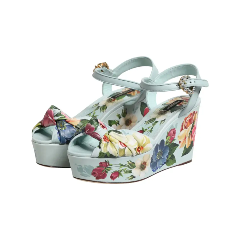 Dolce & Gabbana Grüne Blumen-Sandalen mit Knöchelriemen und Keilabsatz