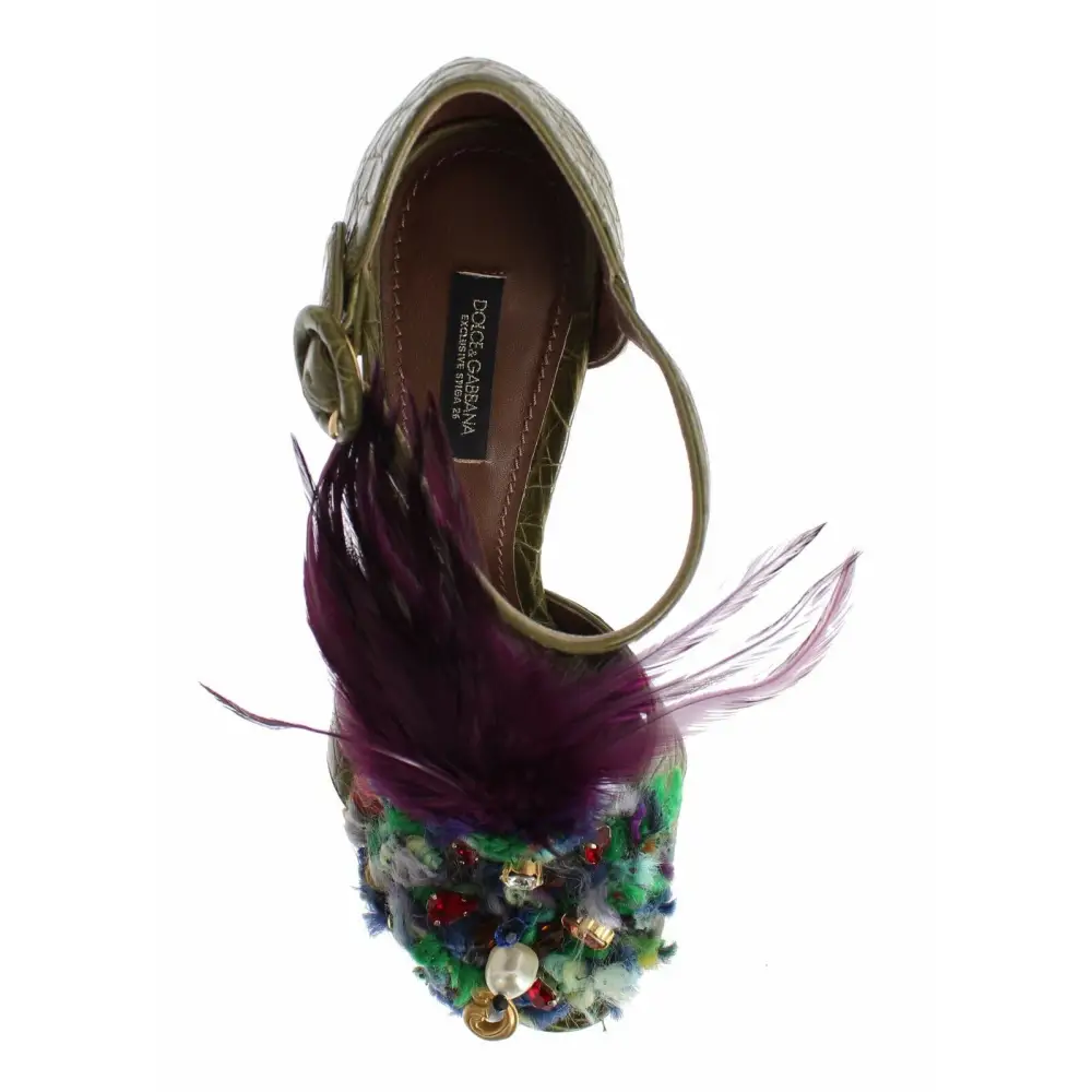 Dolce & Gabbana Grüne Leder Kristall Plateau Sandale Schuhe