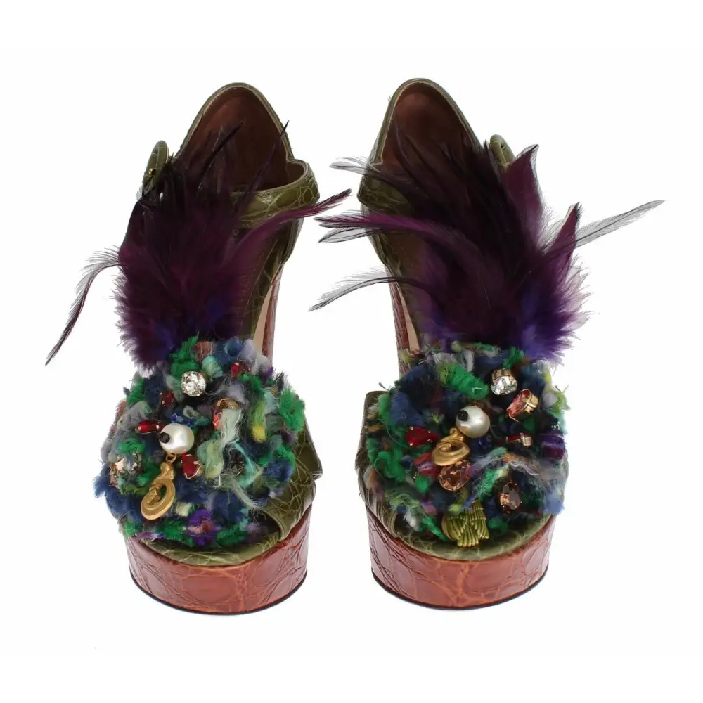 Dolce & Gabbana Grüne Leder Kristall Plateau Sandale Schuhe