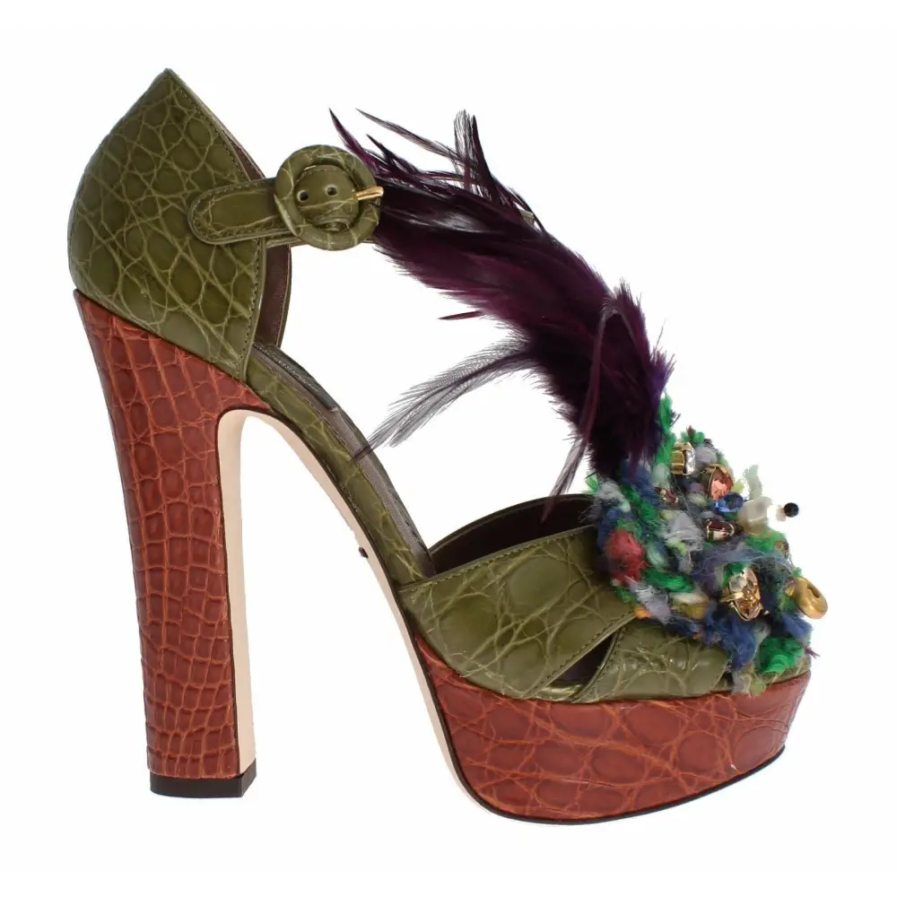Dolce & Gabbana Grüne Leder Kristall Plateau Sandale Schuhe
