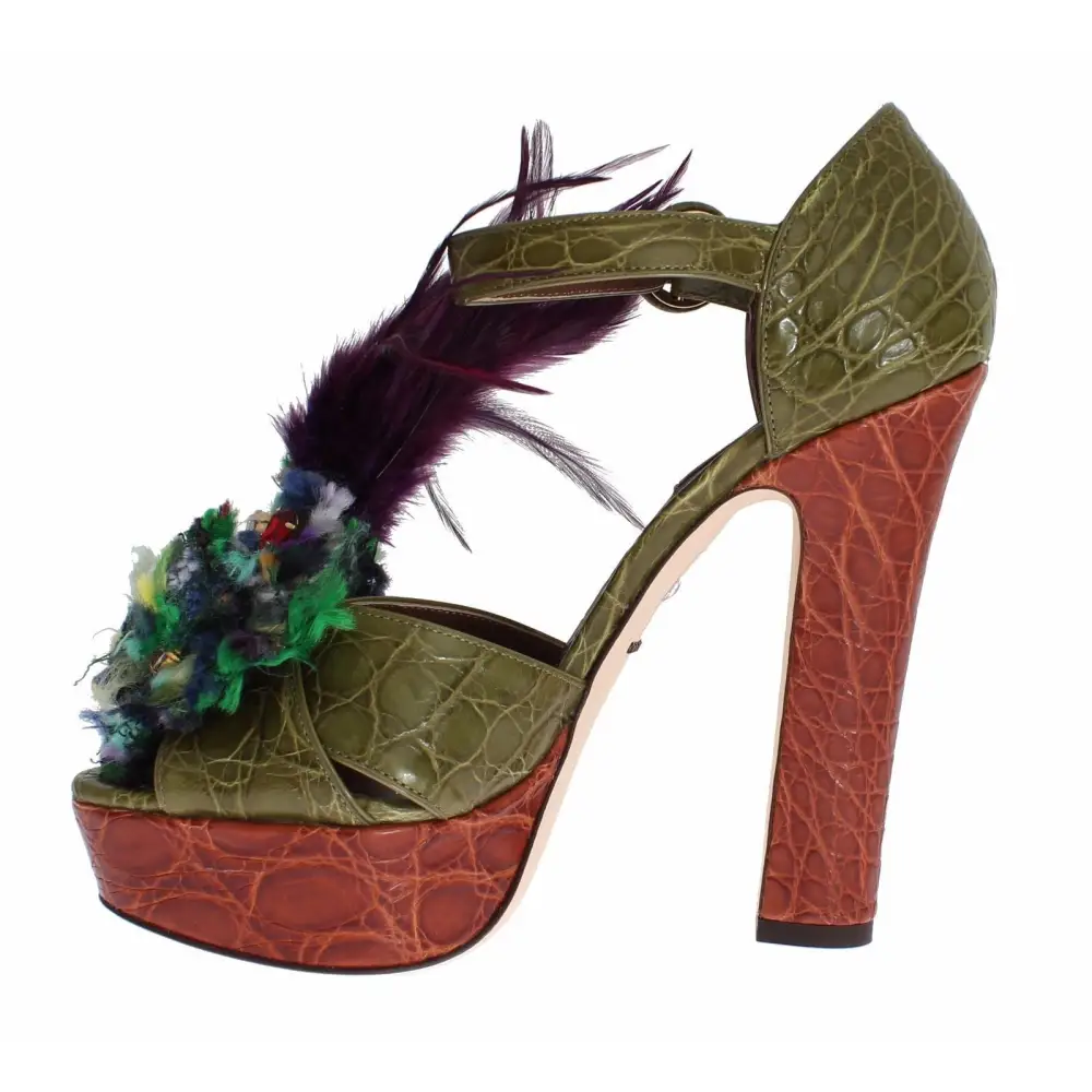 Dolce & Gabbana Grüne Leder Kristall Plateau Sandale Schuhe