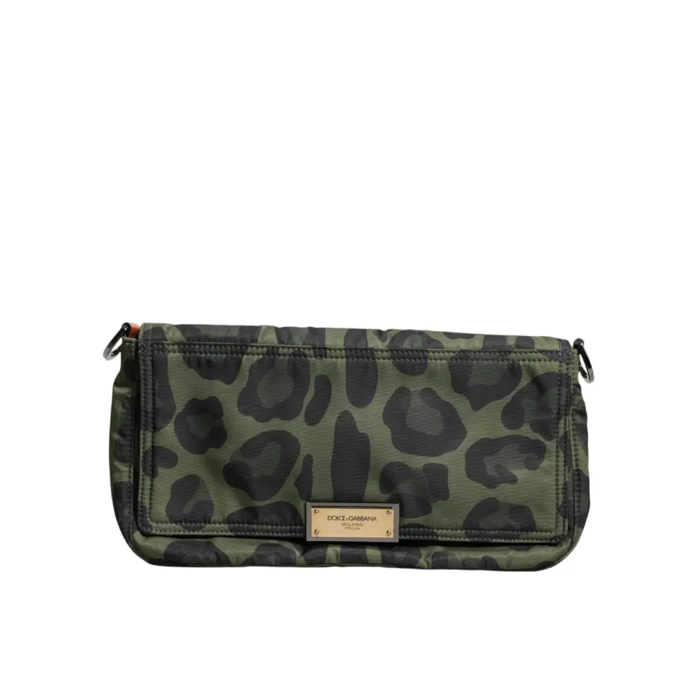 Dolce & Gabbana Grüne Nylon Leopard Print Shell Messenger Crossbody Tasche