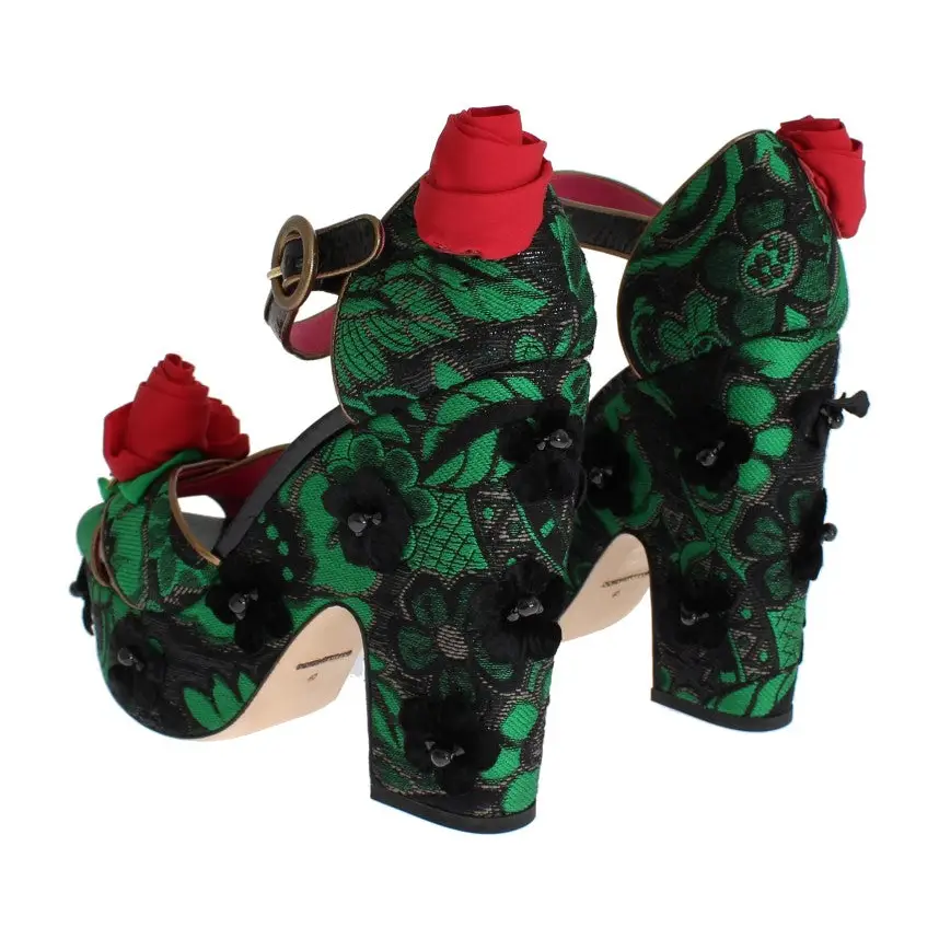 Dolce & Gabbana Grüner Brokat Schlangenleder Rosen Kristall Schuhe - EU35/US4.5