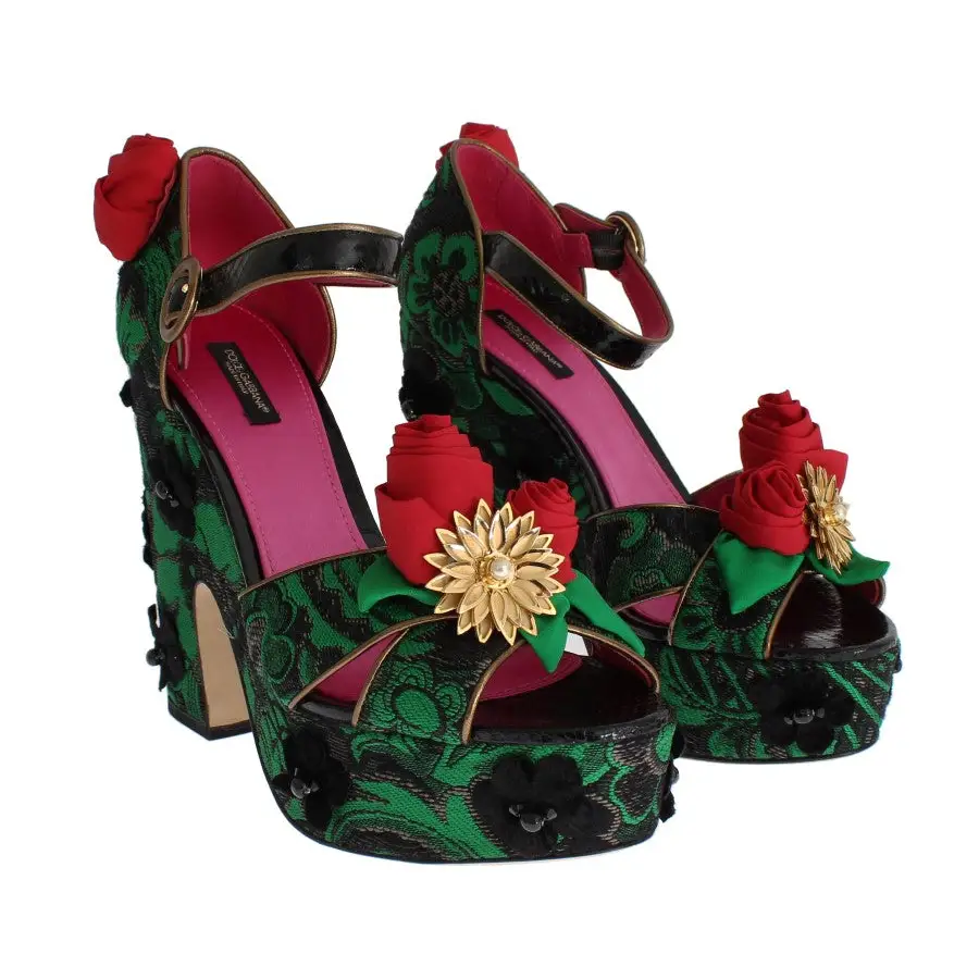 Dolce & Gabbana Grüner Brokat Schlangenleder Rosen Kristall Schuhe - EU35/US4.5