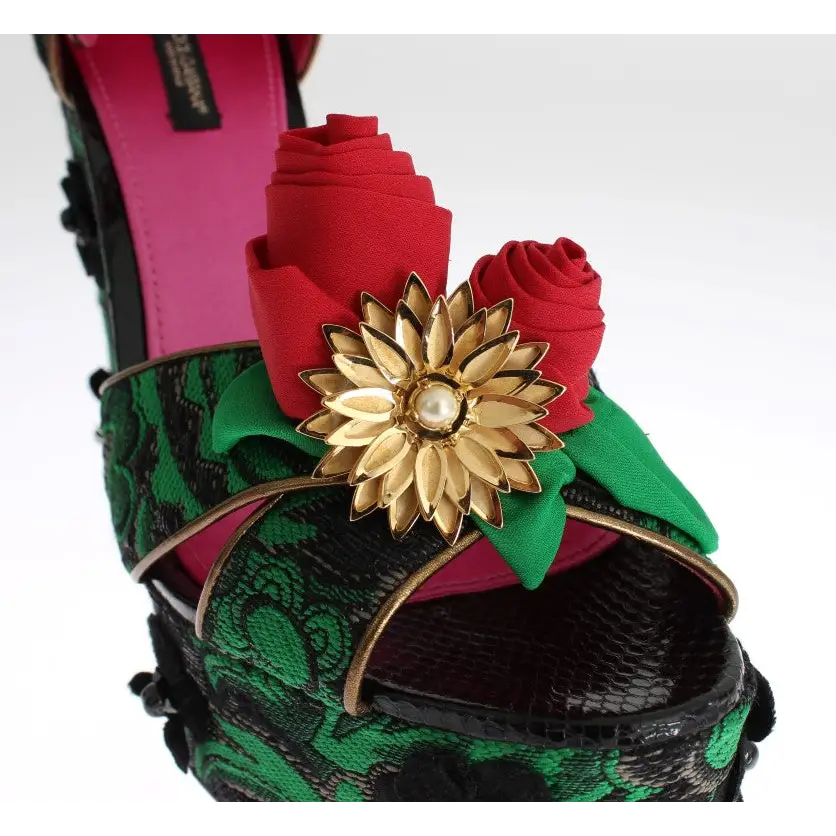 Dolce & Gabbana Grüner Brokat Schlangenleder Rosen Kristall Schuhe - EU35/US4.5