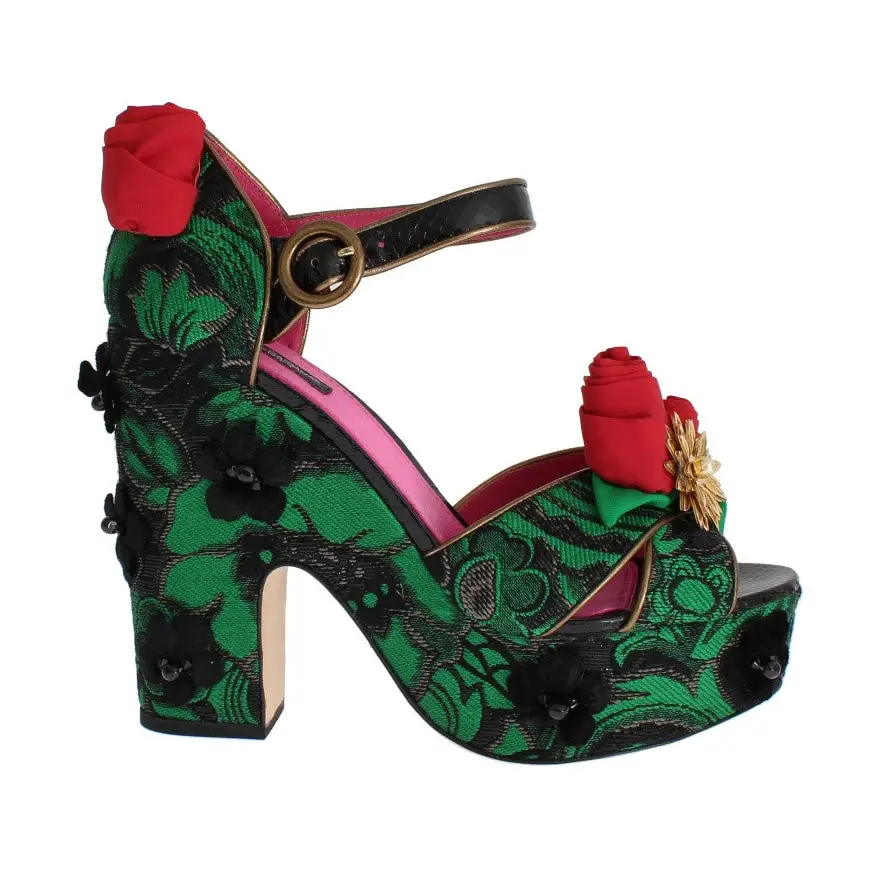 Dolce & Gabbana Grüner Brokat Schlangenleder Rosen Kristall Schuhe - EU35/US4.5