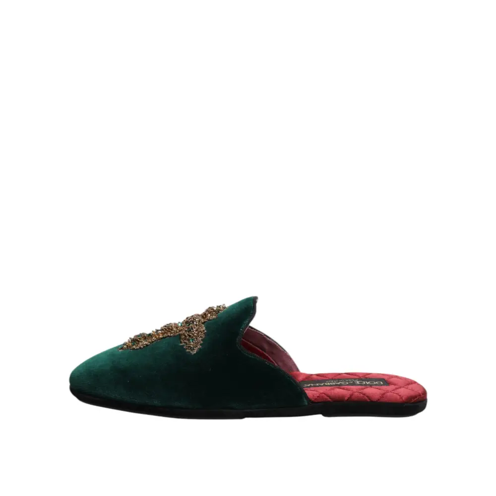 Dolce & Gabbana Grüner Samt Kreuz verschönert Pantoffeln Schuhe