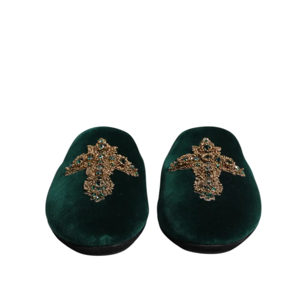 Dolce & Gabbana Grüner Samt Kreuz verschönert Pantoffeln Schuhe