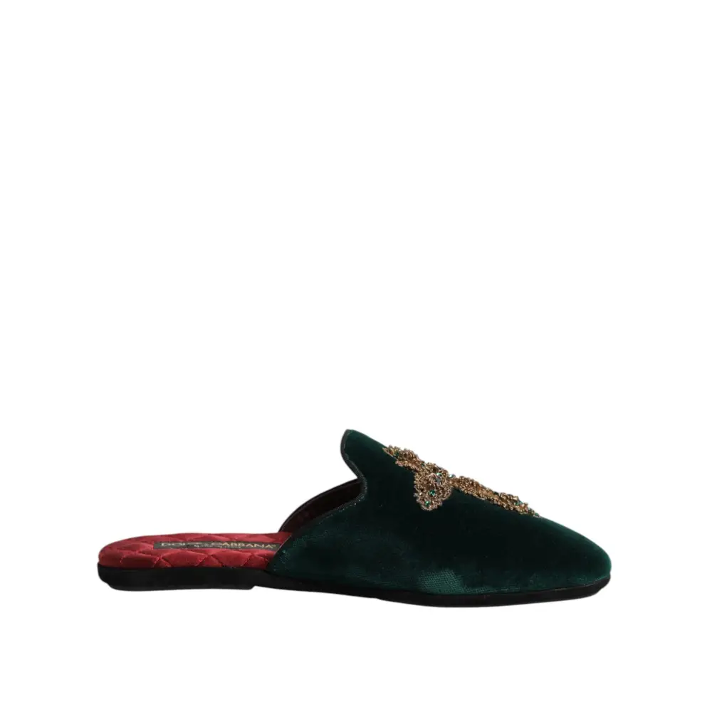 Dolce & Gabbana Grüner Samt Kreuz verschönert Pantoffeln Schuhe