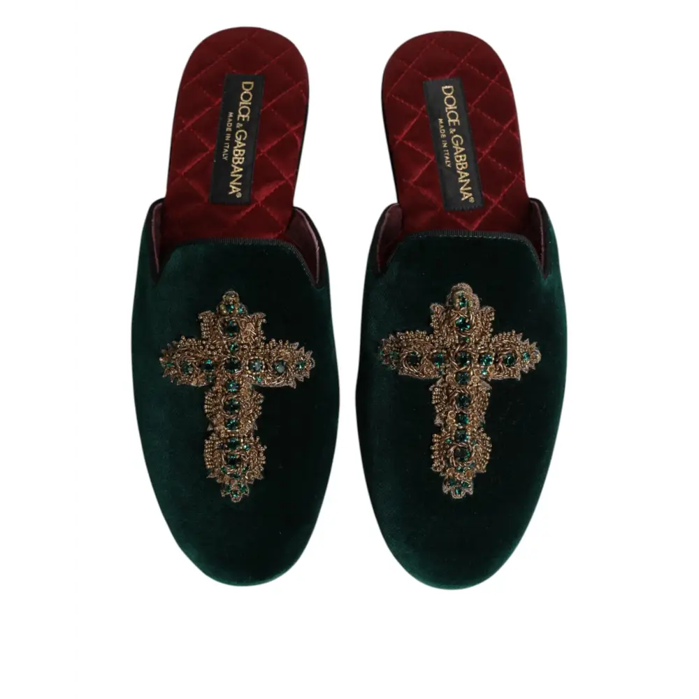 Dolce & Gabbana Grüner Samt Kreuz verschönert Pantoffeln Schuhe