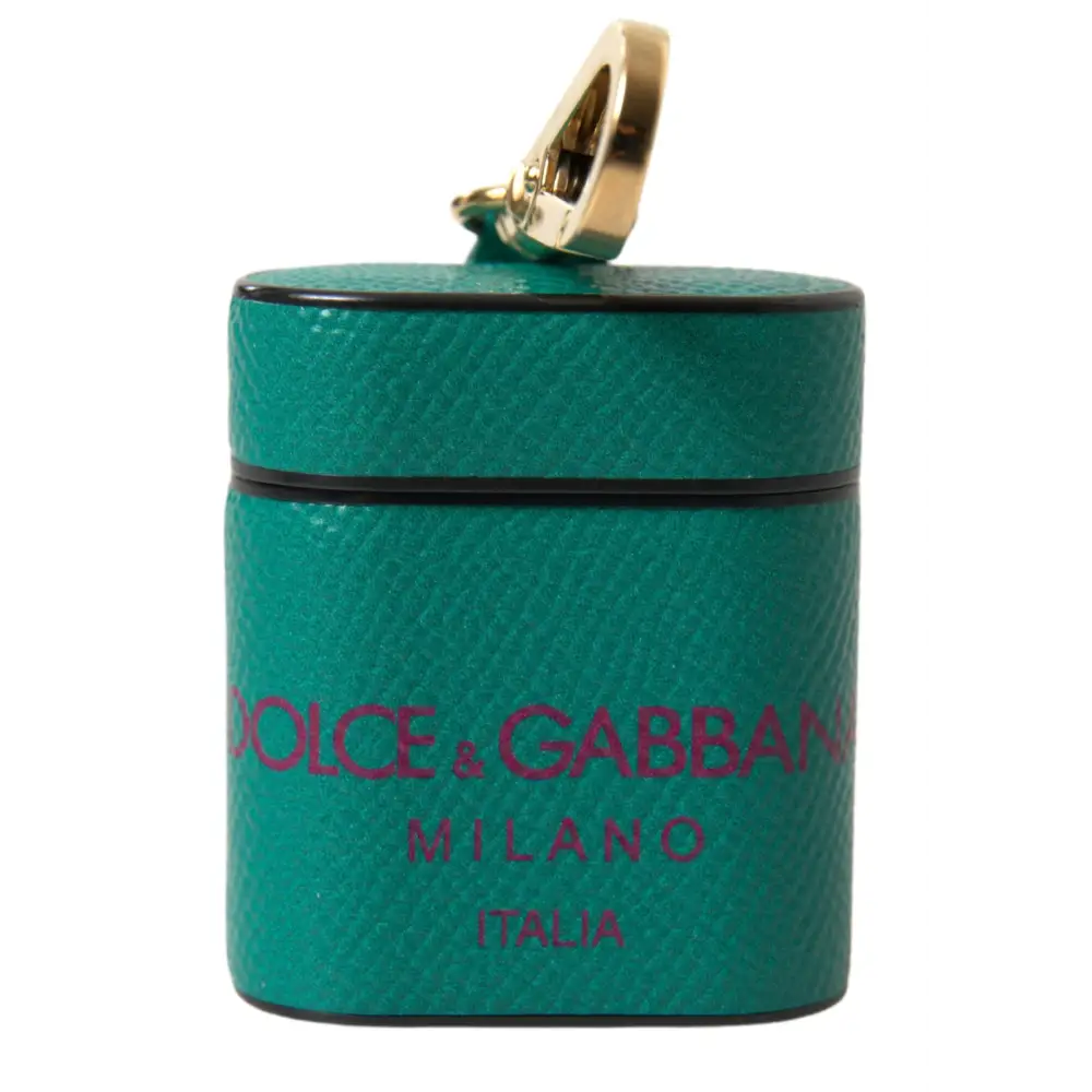 Dolce & Gabbana Grünes kastanienbraunes Kalbsleder Logo Print Riemen Airpods Etui