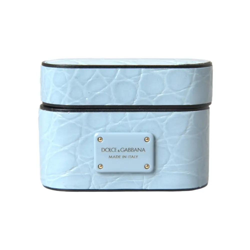 Dolce & Gabbana Hellblaue Leder Metall Logo Plaque Airpods Tasche