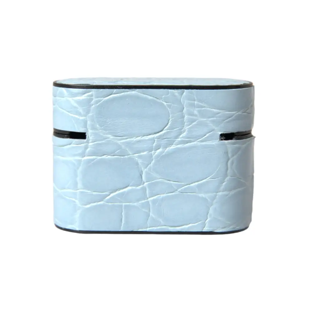 Dolce & Gabbana Hellblaue Leder Metall Logo Plaque Airpods Tasche