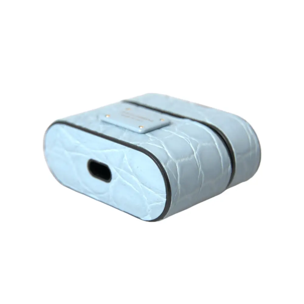 Dolce & Gabbana Hellblaue Leder Metall Logo Plaque Airpods Tasche