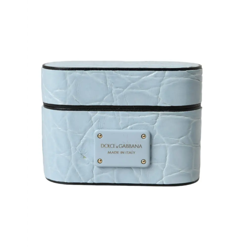 Dolce & Gabbana Hellblaue Leder Metall Logo Plaque Airpods Tasche