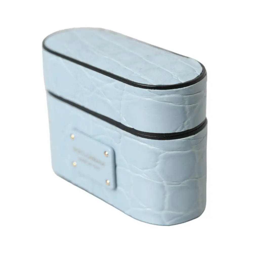 Dolce & Gabbana Hellblaue Leder Metall Logo Plaque Airpods Tasche