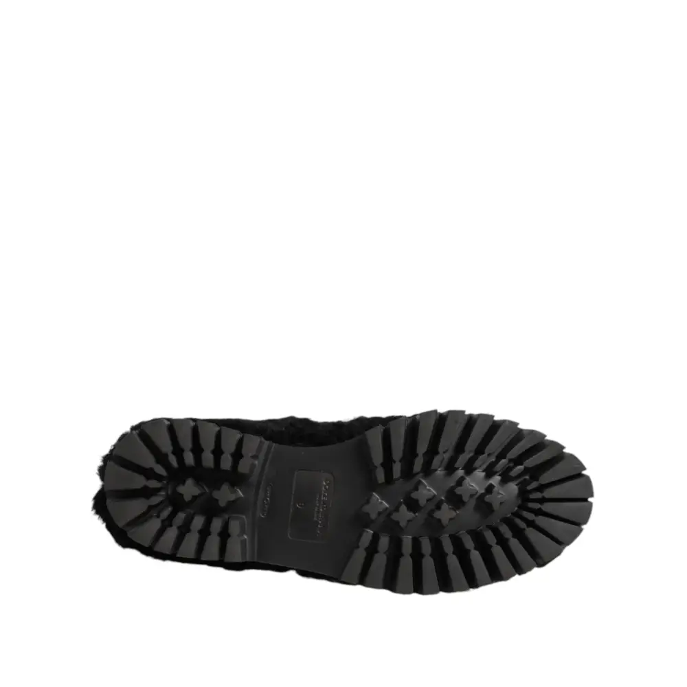 Dolce & Gabbana Kleid Schwarz Pelz Leder Hausschuhe Männer Schuhe