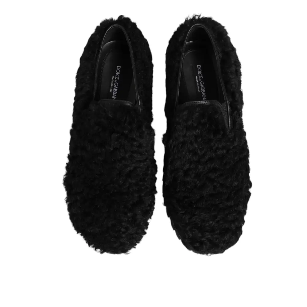 Dolce & Gabbana Kleid Schwarz Pelz Leder Hausschuhe Männer Schuhe