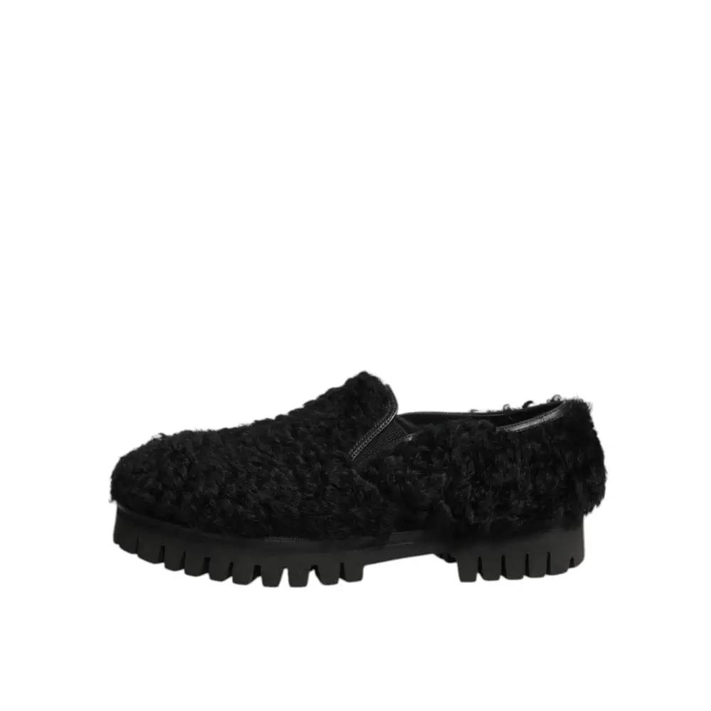 Dolce & Gabbana Kleid Schwarz Pelz Leder Hausschuhe Männer Schuhe