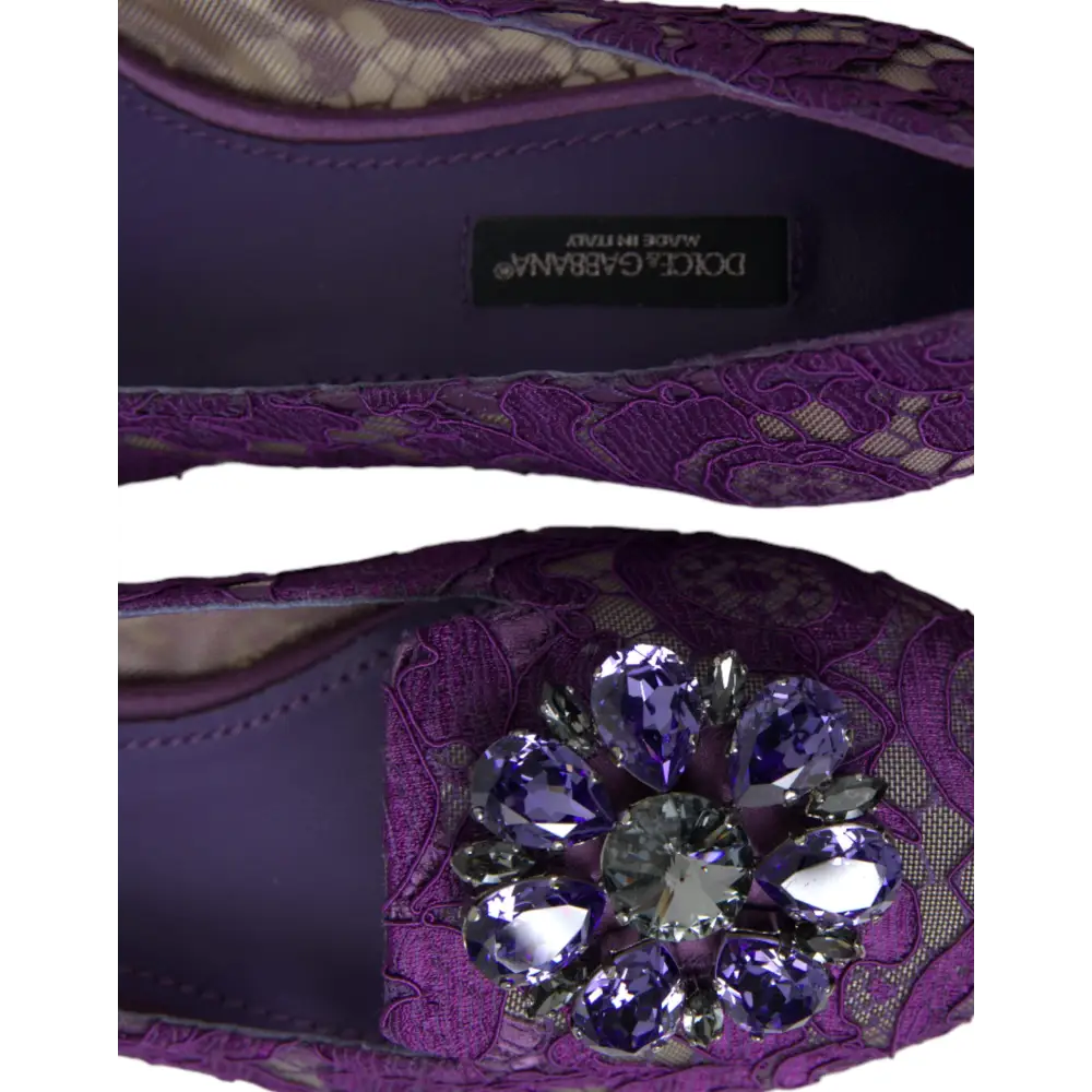 Dolce & Gabbana Lila Vally Taormina Spitze Kristalle Flats Schuhe - EU37/US6.5