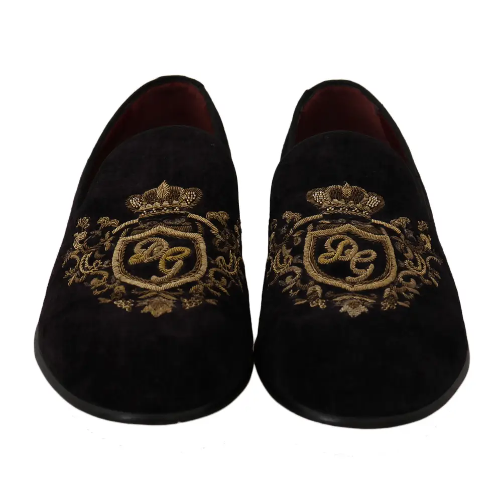 Dolce & Gabbana Loafers Schwarzer Samt Goldkrone - EU39/US6