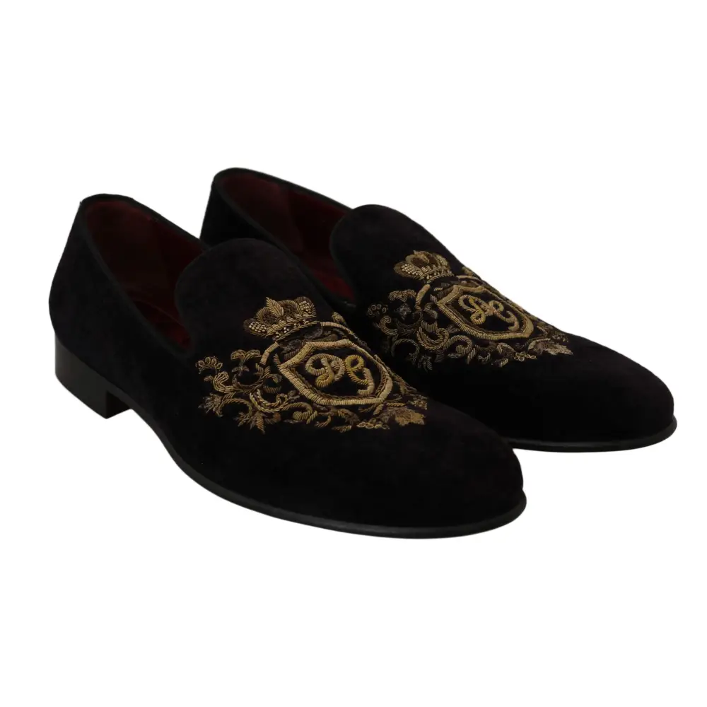 Dolce & Gabbana Loafers Schwarzer Samt Goldkrone - EU39/US6