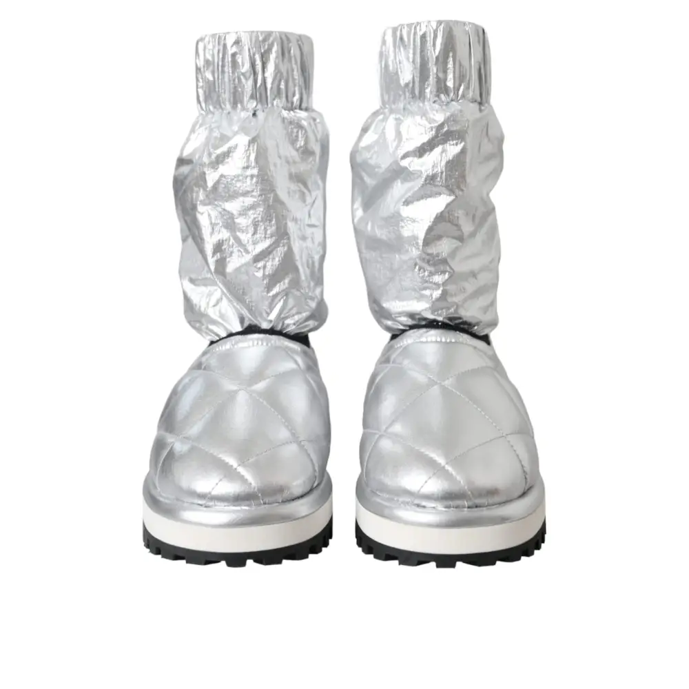 Dolce & Gabbana Metallic Silber gesteppt Logo Patch Stiefel Schuhe - EU39/US8.5